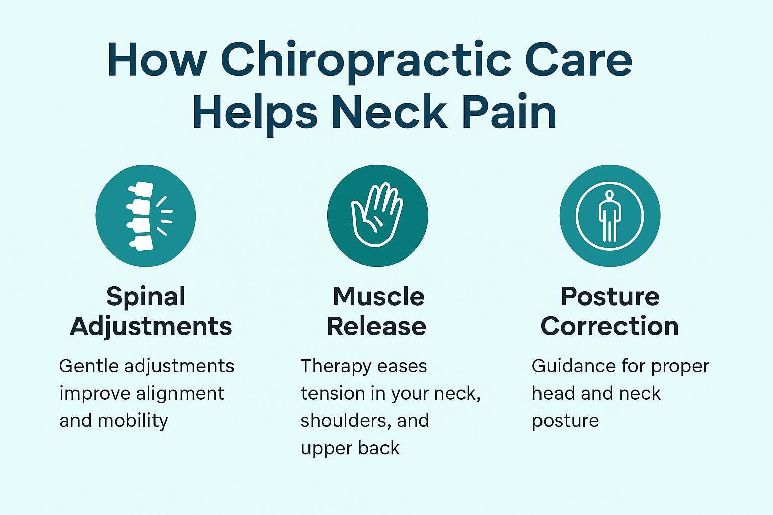 Infographic showing how chiropractic care helps neck pain by restoring alignment, reducing muscle tension, improving range of motion, and decreasing nerve irritation.