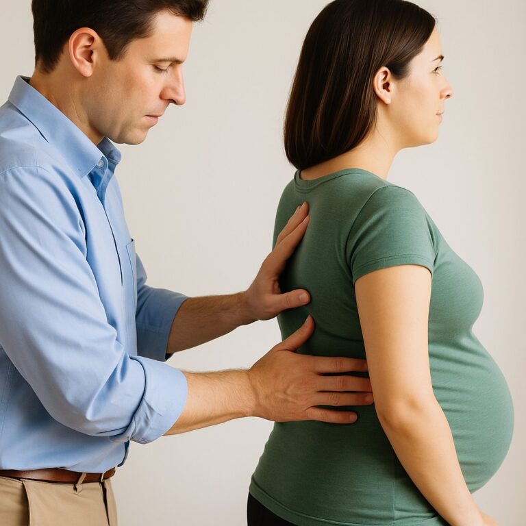 Chiropractor examining a pregnant woman’s spine to relieve lower back pain and improve comfort during pregnancy.