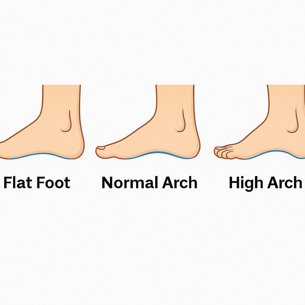 Educational illustration comparing three foot types — flat foot, normal arch, and high arch — with simple anatomical drawings showing how each arch height affects posture and spinal alignment.