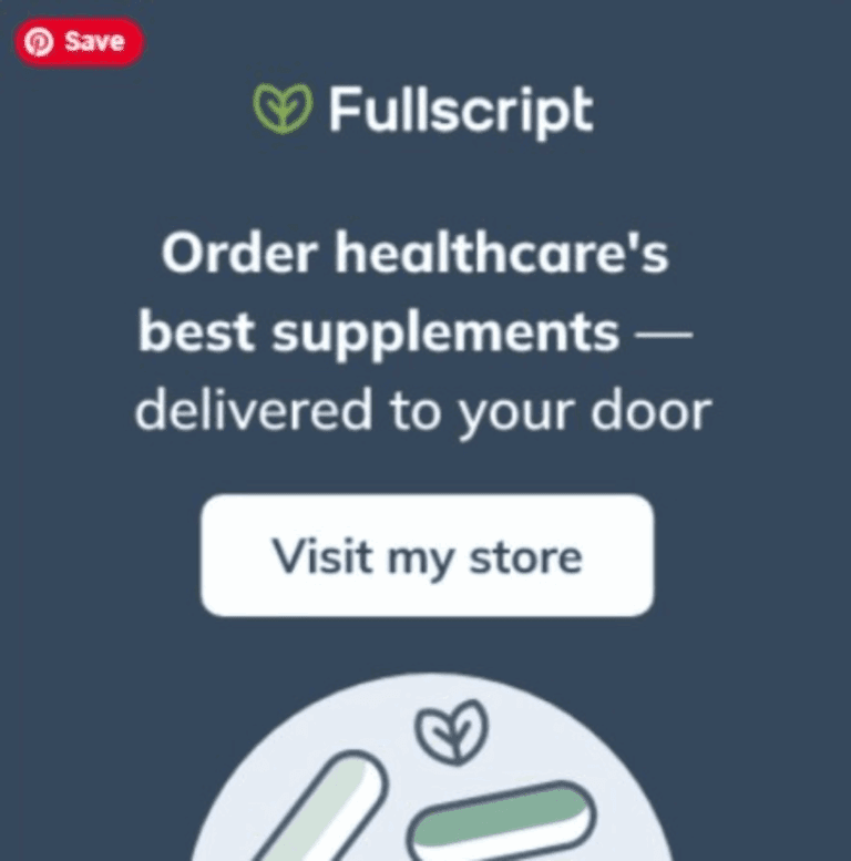 Fullscript banner promoting doctor-recommended supplements delivered to your door, with the message “Order healthcare’s best supplements — delivered to your door. Visit my store.”