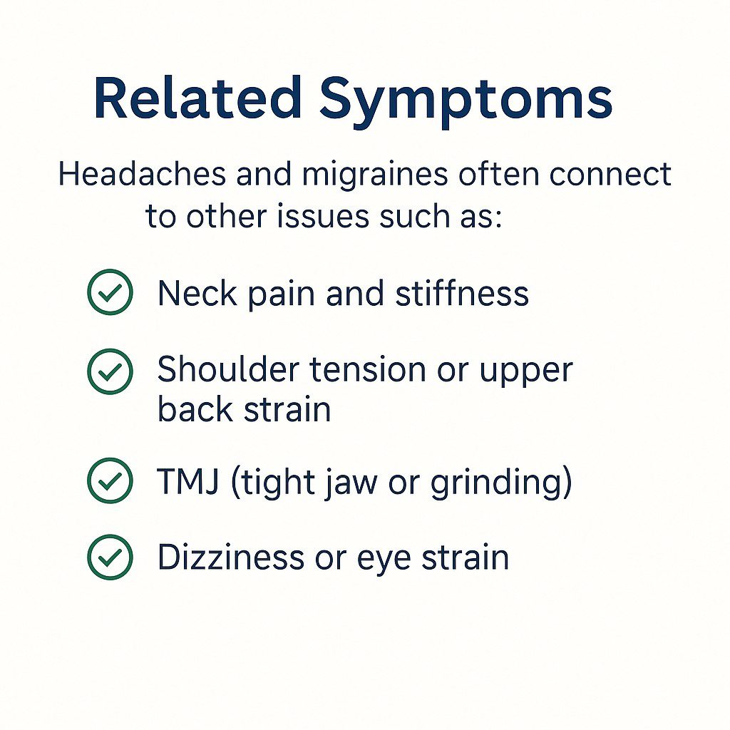 Infographic titled “Related Issues Connected to Headaches & Migraines,” showing icons for neck pain and stiffness, shoulder tension, TMJ, and dizziness or eye strain.