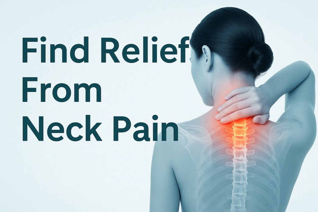 Woman gently touching her neck, representing neck stiffness and tension relieved through chiropractic care in Libertyville.