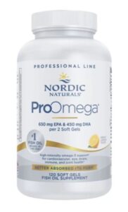 Bottle of Nordic Naturals ProOmega professional line fish oil supplement with EPA and DHA.