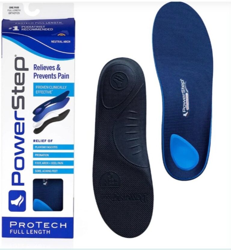 PowerStep ProTech full-length orthotic insoles beside product box showing “Relieves & Prevents Pain,” designed for plantar fasciitis, pronation, heel pain, and sore feet.