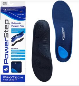 PowerStep ProTech full-length orthotic insoles with blue and black design beside packaging that reads “Relieves & Prevents Pain – Proven Clinically Effective – Relief of Plantar Fasciitis, Pronation, Foot Arch & Heel Pain, Sore Aching Feet.”