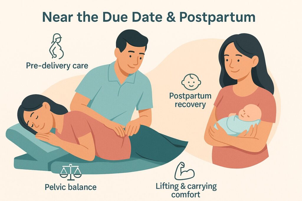 Chiropractor providing gentle postpartum spinal care for a new mother to relieve back and pelvic pain.