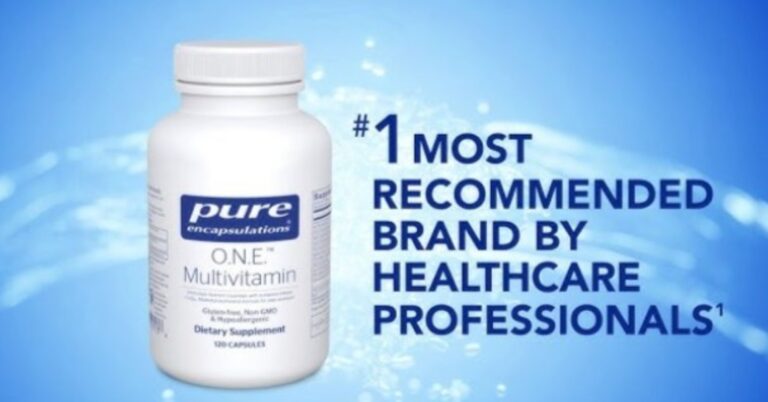 Bottle of Pure Encapsulations O.N.E. Multivitamin with text noting “#1 most recommended brand by healthcare professionals.”