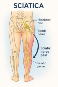 Illustration showing the sciatic nerve pathway from lower back through the hip and leg.