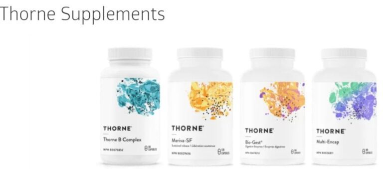 Four bottles of Thorne supplements including Thorne B Complex, Meriva-SF, Bio-Gest, and Multi-Encap.