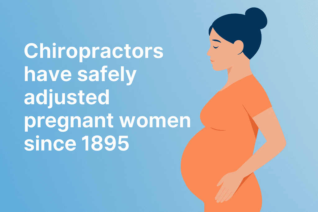 Chiropractor gently supporting a pregnant woman’s back, illustrating safe, drug-free chiropractic care during pregnancy since 1895.