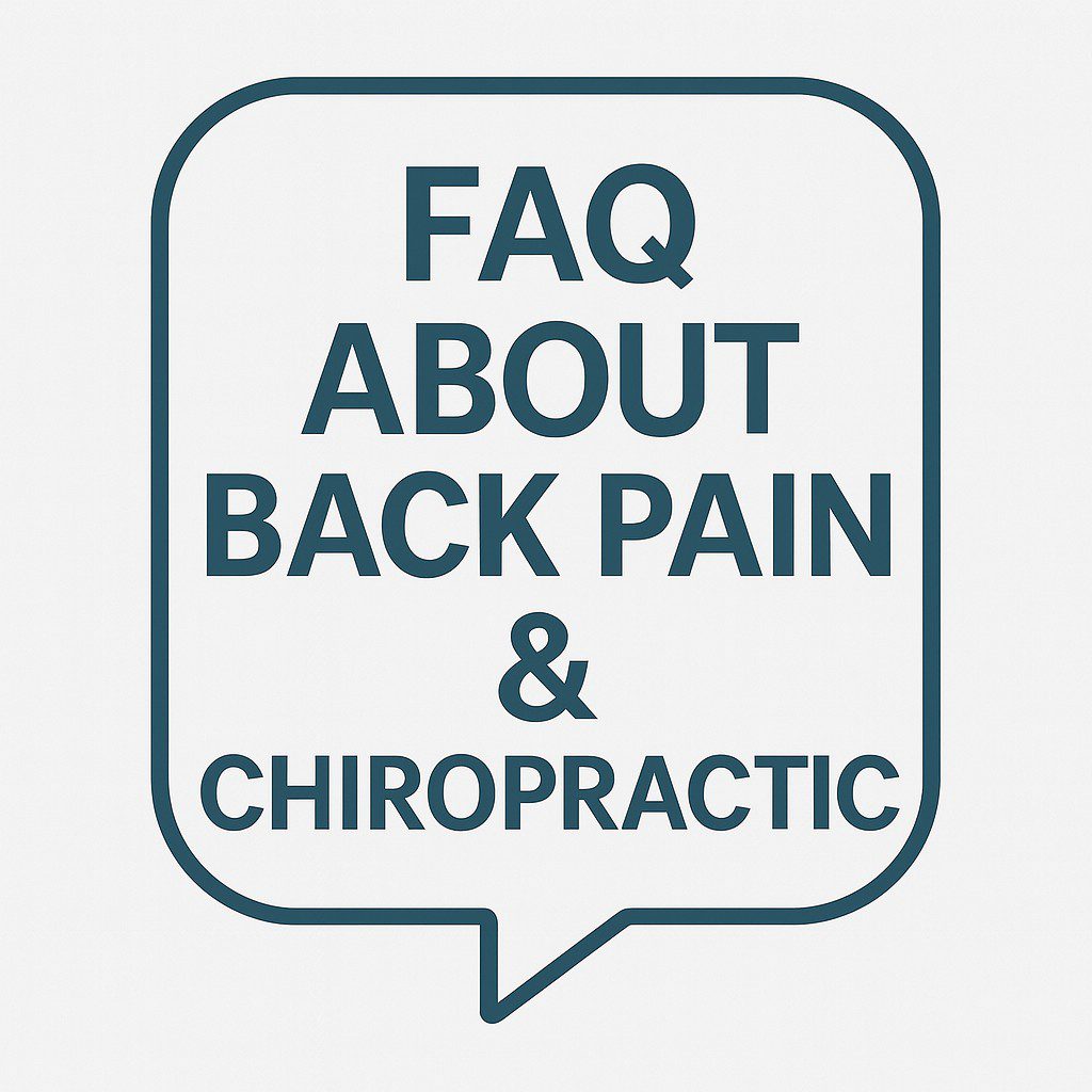 Graphic reading “FAQ About Back Pain & Chiropractic” with teal and navy blue design for Community Chiropractic Care in Libertyville.