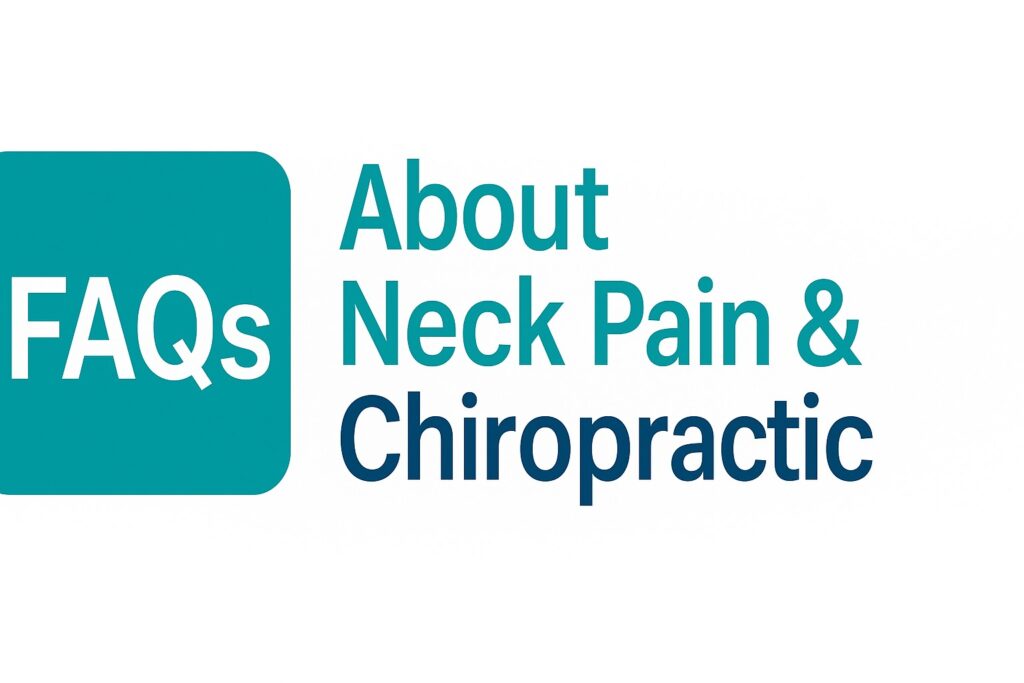 Infographic titled “FAQs About Neck Pain & Chiropractic” with teal and navy blue design featuring spine and question mark icons.