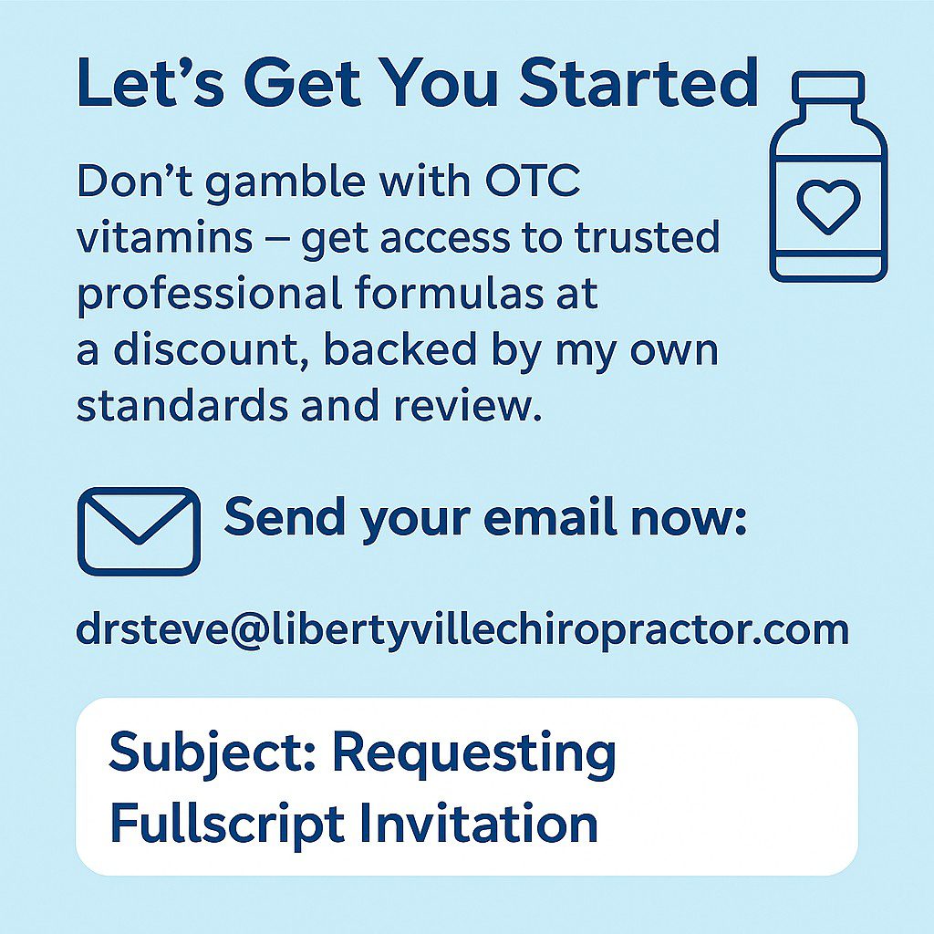 A modern digital infographic titled “Let’s Get You Started,” featuring an email icon, supplement capsules, and a blue-and-white healthcare theme encouraging users to email Dr. Steve Segal to request a Fullscript invitation for professional-grade supplements.