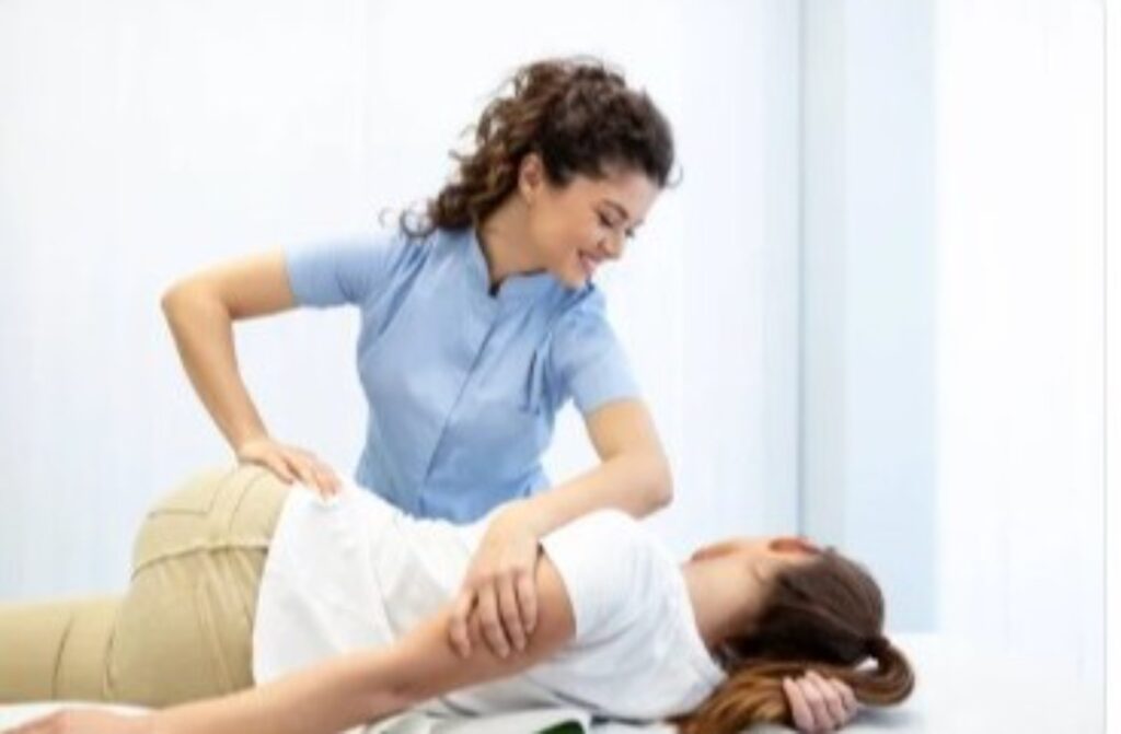 Illustration showing a chiropractor performing a gentle lower back adjustment to relieve sciatic nerve pressure, promoting spinal alignment and nerve health.