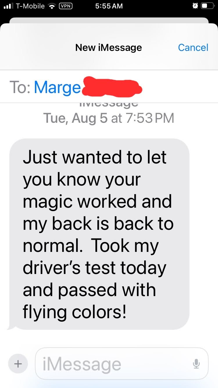 Text message from 89-year-old patient Marge P thanking Dr. Steve Segal after one chiropractic visit, saying her back feels normal and she passed her driver’s test with flying colors.