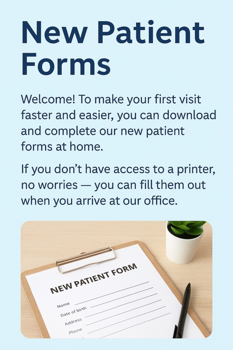 Digital graphic with the title “New Patient Forms,” featuring a clipboard, pen, and form icon in professional blue and white tones, representing easy online form download for chiropractic patients.