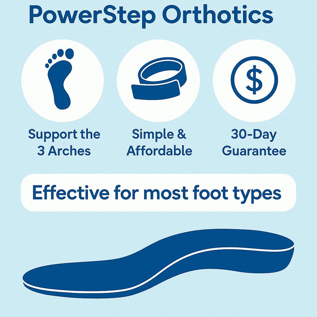 Educational graphic showing PowerStep Orthotics benefits: supports all three foot arches, simple and affordable design, and a 30-day satisfaction guarantee; effective for most foot types.