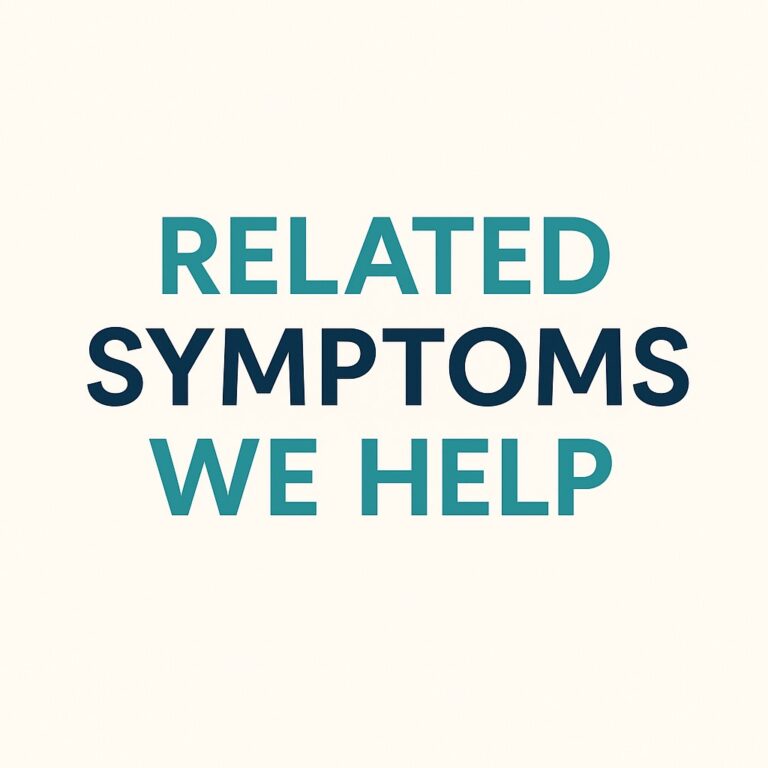 Infographic titled “Related Symptoms We Help” featuring icons for headaches, shoulder pain, arm tingling, stiffness, and dizziness. Designed for Community Chiropractic Care in Libertyville.