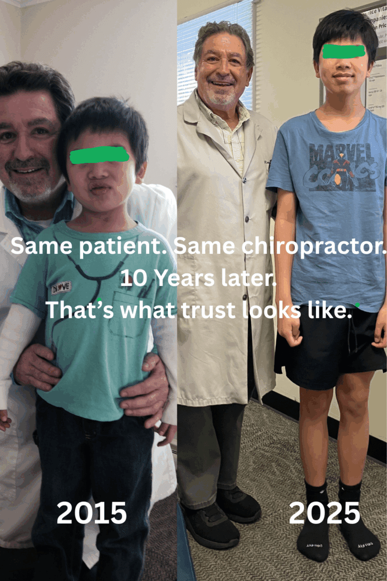 Dr. Steve Segal with a young patient named Thomas, shown side by side in 2015 and 2025 — from child to young adult, representing ten years of trust and care.