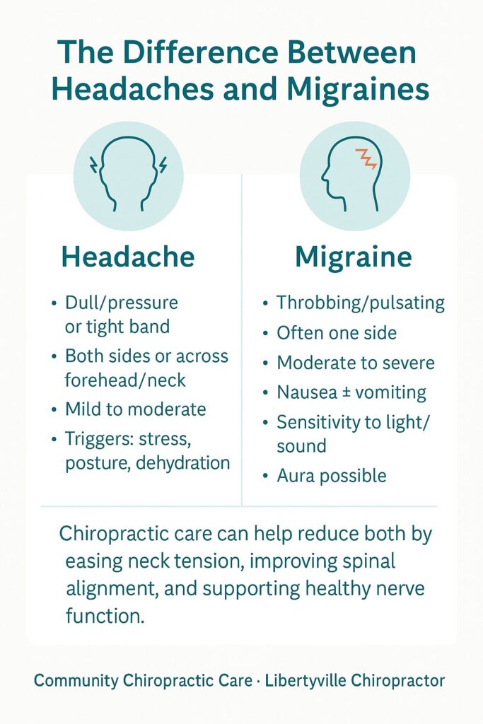 Infographic comparing headaches and migraines: pain type, symptoms, duration, and how chiropractic care may help.