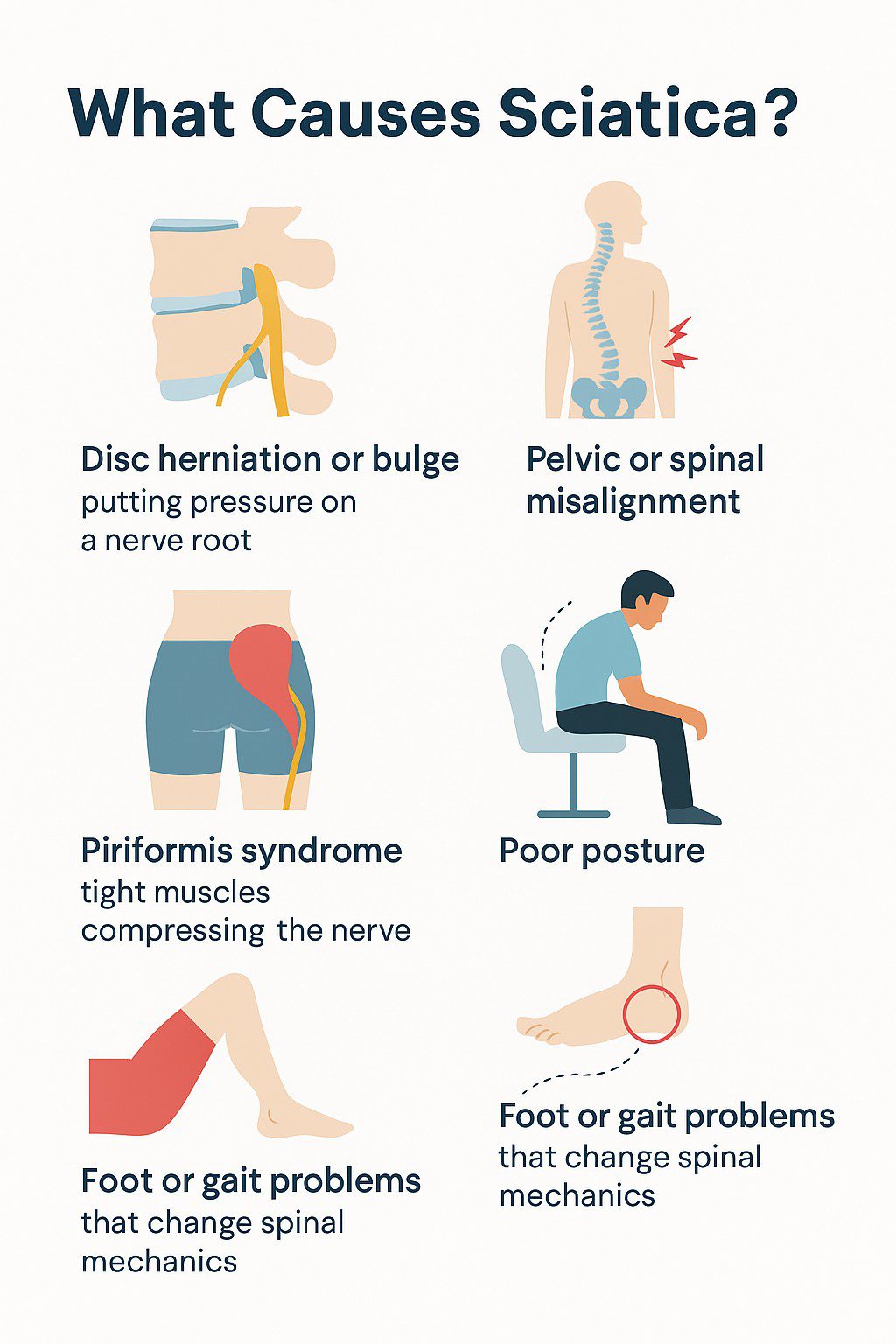 Infographic titled “What Causes Sciatica” showing five illustrated causes including disc herniation, pelvic misalignment, piriformis syndrome, poor posture, and foot or gait problems.