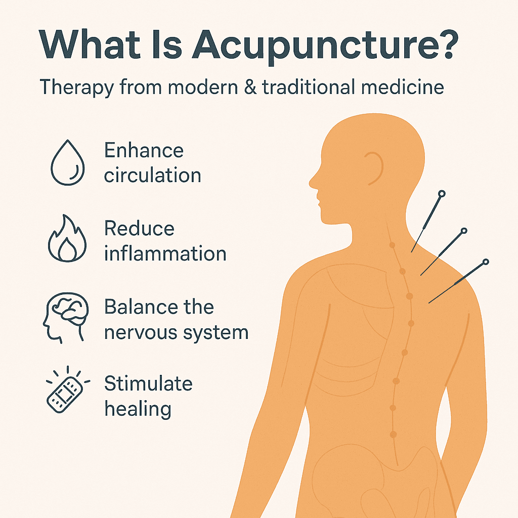 Infographic explaining acupuncture with visuals of thin needles placed at precise body points, highlighting benefits such as improved circulation, reduced inflammation, balanced nervous system activity, and natural healing.
