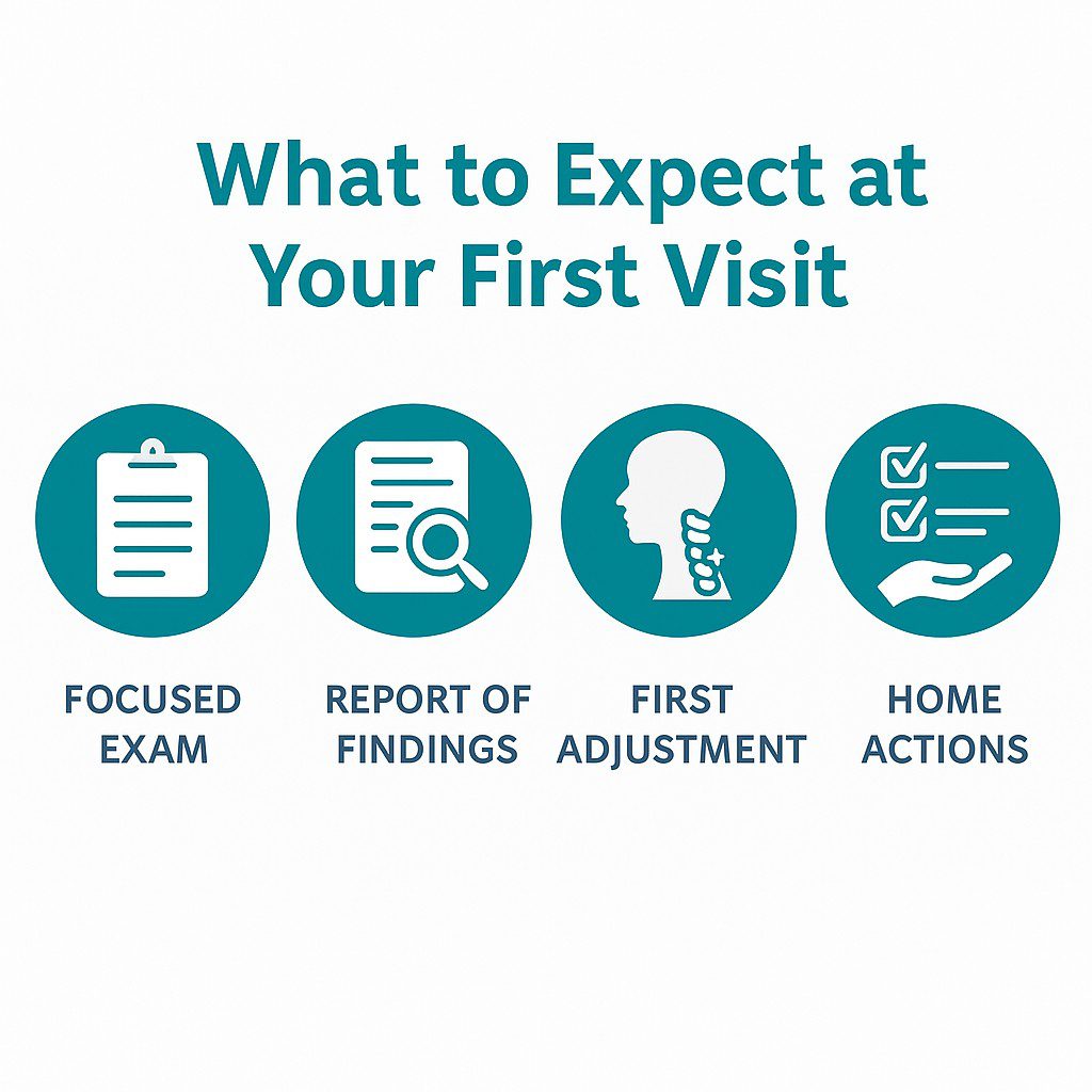 Infographic titled “What to Expect at Your First Visit” showing four steps: focused exam, clear report of findings, first adjustment (if safe), and three home actions to support recovery. Includes pricing note for Community Chiropractic Care in Libertyville.