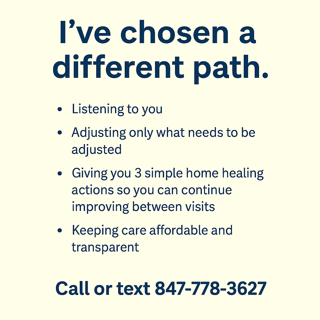 Chiropractic care message graphic listing Dr. Steve Segal’s Zocdoc-free approach with a call or text CTA