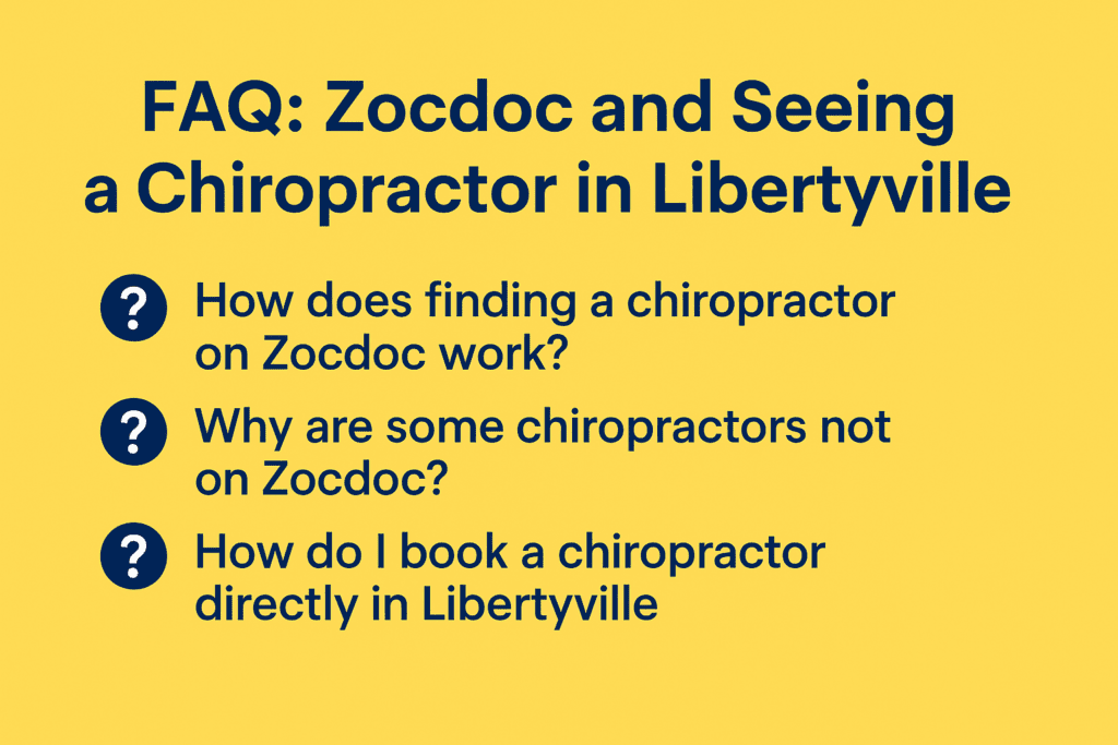 A digital 2D flat-design FAQ graphic in calming neutral colors. The image features a clean layout with minimalist question-and-answer elements. Icons represent chiropractic care, local service, and communication. One side shows questions people often ask about using Zocdoc to find a chiropractor, while the other side emphasizes the benefits of choosing a direct, local chiropractor with transparent communication and a strong reputation in the Libertyville area.